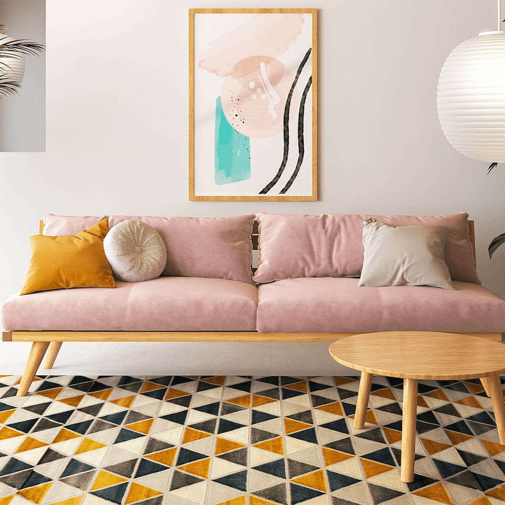 imagem que possui tapete, sofá e capas de almofada nos tons de amarelo, rosa e bege